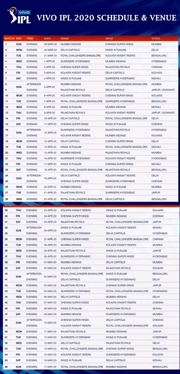 vivo ipl 2020 schedule